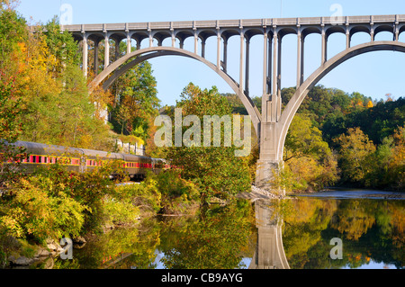 PKW eines Zuges fahren Sie unter einer hohen Brücke in einer landschaftlich reizvollen Gegend Stockfoto