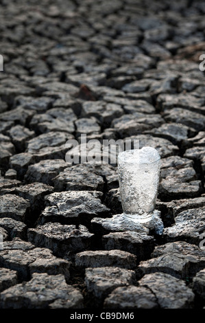 Prickelndes Glas Wasser auf trockene rissige Erde Stockfoto