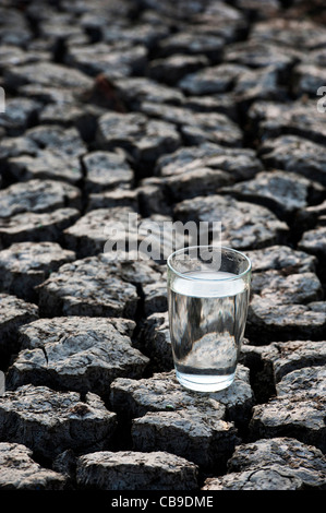 Glas Wasser auf die trockene Rissige Erde. Indien Stockfoto