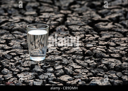 Glas Wasser auf die trockene Rissige Erde. Indien Stockfoto