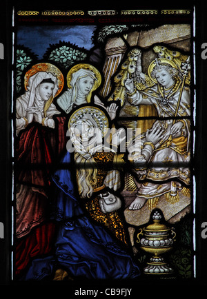 Glasmalerei-Fenster durch die Darstellung der drei Marien am Grab, Str. Marys Kirche, Brompton Regis Somerset Kempe-Studios Stockfoto