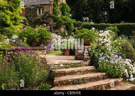 Yorker Steintreppen führen zu einer Terrasse mit Gartenterrasse voller Sommerfarbe in den Coton Manor Gardens in Northamptonshire, England Stockfoto