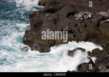 Harter Felsen und rauer See, Camara de Lobos, in der Nähe von Funchal, Madeira Stockfoto