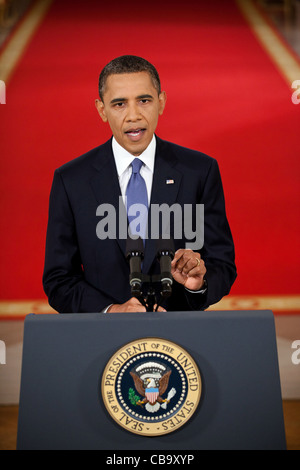 Präsident Barack Obama spricht die Nation von der East Room des weißen Hauses, seinen Plan für die Durchführung der Verlosung nach unten der amerikanischen Truppen aus Afghanistan, 22. Juni 2011 in Washington, DC zu legen. Stockfoto