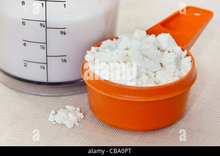 eine Kugel Molkeprotein zu isolieren, Pulver und Mandelmilch in einen Kunststoff Mixer-Becher Stockfoto