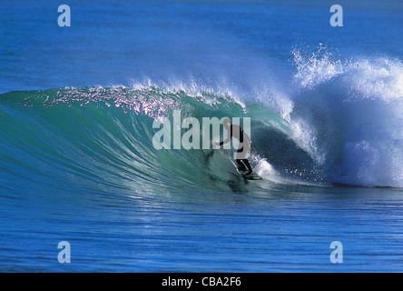 Surfer Surfen eine perfekte Welle. Palliser Bay, Wellington, Nordinsel, Neuseeland, Australien Stockfoto