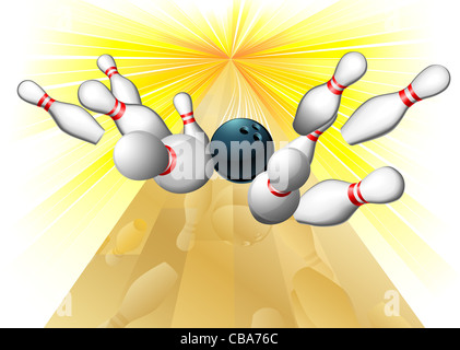 Beispiel für eine Bowling-Kugel Schmatzen in zehn Pins erzielte einen Streik Stockfoto