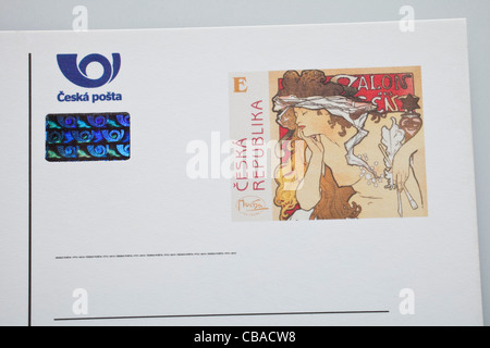 Tschechische E (Europa) Bezeichnung Briefmarke mit Motiv des Malers Alfons Mucha (1860-1939). (CTK Foto/Martin Sterba) Stockfoto