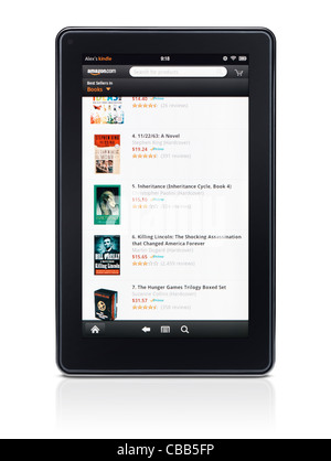 Kindle Fire Tablet Computer e-Book-Reader mit Amazon-Buchladen auf seinem Display isoliert auf weißem Hintergrund Stockfoto