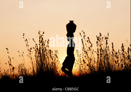 indischer Mann bei Sonnenuntergang mit einem Wassertopf auf diesem Kopf in der indischen Landschaft wandern. Silhouette Stockfoto