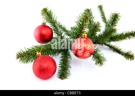 Zweig der Weihnachtsbaum mit roten Kugeln auf weißem Hintergrund Stockfoto