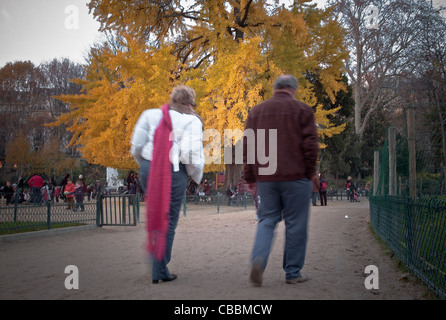 Ginkgo Biloba Baum, Parc Monceau im Herbst, Passanten. Stockfoto