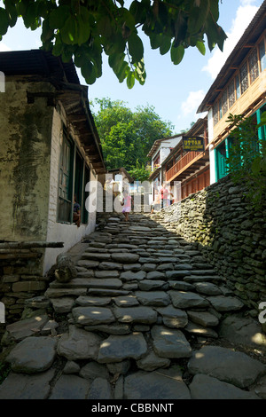 Teehäuser und Hauptweg durch Dorf Birethanti, Annapurna Sanctuary Region, Himalaya, Nepal, Asien Stockfoto