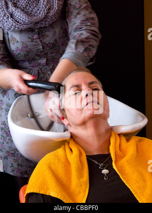 Frau mittleren Alters, die ihr Haar gewaschen in den Friseursalon Stockfoto