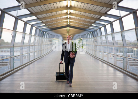 Geschäftsmann wheeling Gepäck mit Pflanze Stockfoto