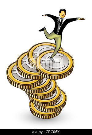 Treppen von Euro-Münzen mit Mann springt nach unten Stockfoto