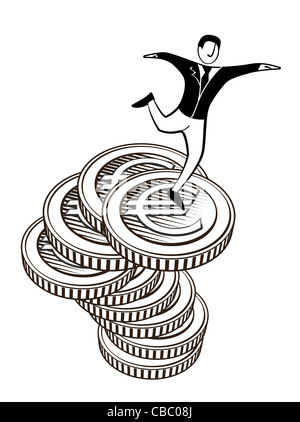 Treppen von Euro-Münzen mit Mann springt nach unten Stockfoto