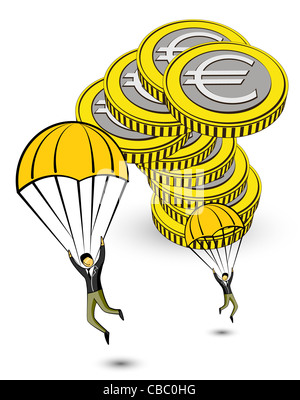 Treppen von Euro-Münzen mit Männer springen mit Fallschirmen Stockfoto