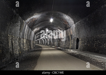 Grabsteintunnel der stillgelegte Eisenbahntunnel in Derbyshire England UK wurde als Teil des Monsal Trail Fußweg-Fahrrades wiedereröffnet. Stockfoto