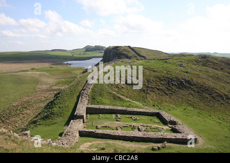 Die Überreste der Burg Nick, Milecastle 39, in der Nähe von Stahl-Rigg, zwischen Housesteads und einmal gebraut Besucherzentrum Stockfoto