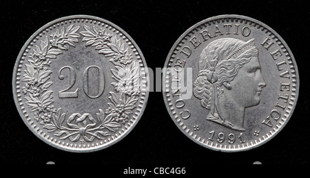 20 Rappen Münze, Schweiz, 1991 Stockfoto