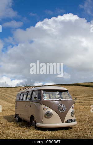 Einen abgesenkten 1966 Split Screen VW Campervan in einem Maisfeld in Cornwall an einem sonnigen Tag aufgenommen Stockfoto