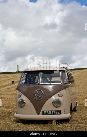 Einen abgesenkten 1966 Split Screen VW Campervan in einem Maisfeld in Cornwall an einem sonnigen Tag aufgenommen Stockfoto