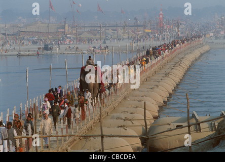 Pilger und ein Elefant, überqueren den Fluss Ganges auf einem Ponton-Brücke, Maha Kumbh Mela 2001, Allahabad, Uttar Pradesh, Indien Stockfoto
