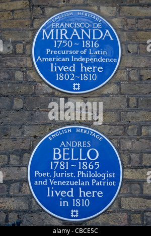 English Heritage blaue Plaketten Kennzeichnung der venezolanischen Heimat kulturelle Figuren Andres Bello und Francisco de Miranda Stockfoto