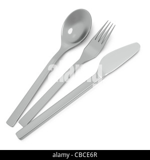 Messer, Gabel und Löffel auf weißem Hintergrund Stockfoto