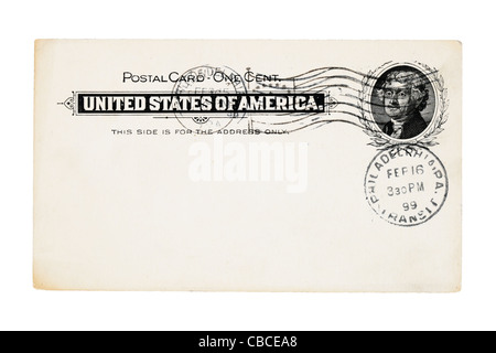 1899 abgebrochen antike Postkarten aus den Vereinigten Staaten mit einem Cent-Marke isoliert auf weißem Hintergrund Stockfoto