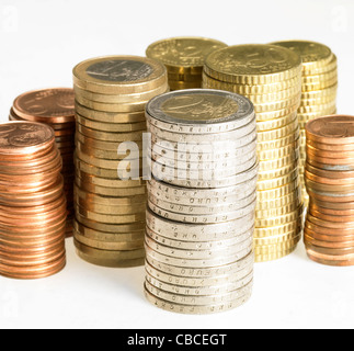 Stapel mit allen Arten von Euro-Münzen Stockfoto