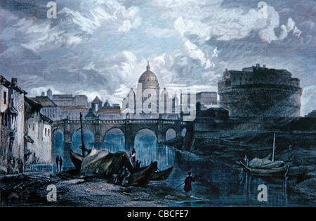 Rom vom Tiber mit der Engelsburg oder dem Mausoleum des Hadrian (123-139AD), der Sant Angelo Brücke der Aelischen Brücke und Sankt Petersdom (1506-1626) Italien. C19th Gravur oder Vintage Illustration Stockfoto