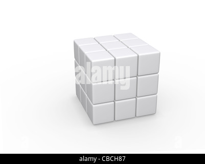 3D Bild eines leeren Puzzle Cube, ähnlich dem Zauberwürfel. Isoliert auf weißem Hintergrund. Stockfoto