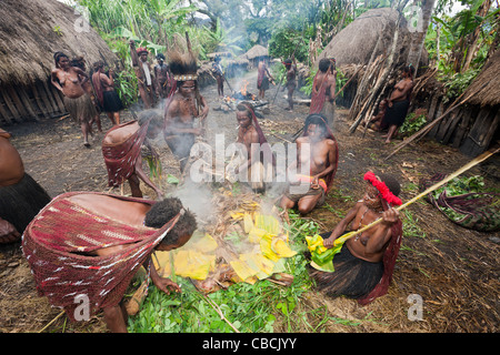 Dani-Stamm Vorbereitung Erde Ofen, Baliem-Tal, West-Papua, Indonesien Stockfoto