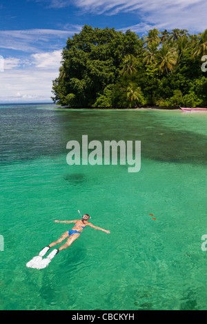 Schnorcheln in der Lagune von Ahe Insel, Cenderawasih-Bucht, West-Papua, Indonesien Stockfoto