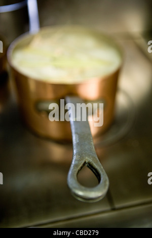 Topf Suppe Kochen am Herd, Fokus auf Griff Stockfoto