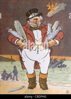 John Bull Verdammt Kaiser Wilhelm! Was für ein Joker!' Zeigt John Bull mit der Deteated Germany Army inklusive Zeppeline & Torpedos. Kriegsausgabe des französischen Satiremagazins 'Le Rire', April 1915. Erster Weltkrieg. Vintage-Illustration Stockfoto