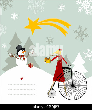Schneemann mit Stern und Geschenk auf einem Fahrrad-Illustration mit Leerzeilen auf verschneiten Hintergrund zu schreiben. Vektor-Datei zur Verfügung. Stockfoto