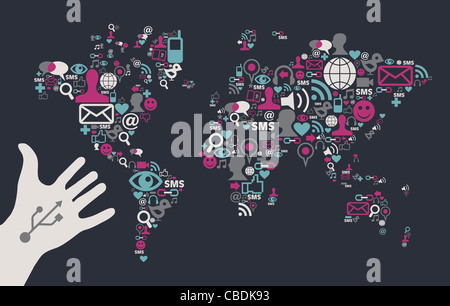 Social Media-Symbole gesetzt in Form der Weltkarte mit einem USB weiße hand auf schwarzem Hintergrund. Vektor-Datei zur Verfügung. Stockfoto