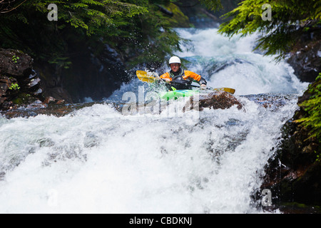 Ein Mann Kajak eine Reihe von kleinen Wasserfällen, Snoqualmie River (South Fork), Washington, USA. Verlieben Sie sich in die Wandfläche. Stockfoto