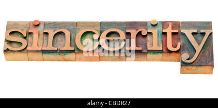 Aufrichtigkeit - isolierte Wort in Vintage Holz Buchdruck Druckstöcke Stockfoto