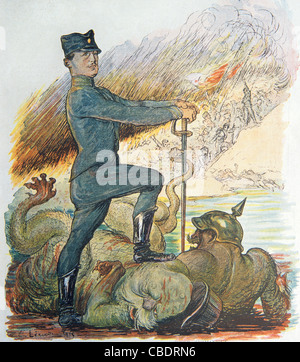 Alexander I. von Jugoslawien terrorisiert die deutsche Hydra. Kriegsausgabe des französischen Satiremagazins 'Le Rire' März 1915. Vintage-Illustration Stockfoto