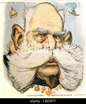 Karikatur oder Porträt von Kaiser Franz oder Franz Joseph I., Kaiser von Österreich mit einem buschigen Schnurrbart, möglicherweise einem Handlebar-Schnurrbart oder Walrus-Schnurrbart. Cover des französischen Satiremagazins 'Le Rire', Oktober 1897 Stockfoto