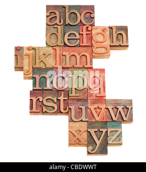 Alphabet - Auszug aus Vintage Holz Buchdruck Druckstöcken befleckt durch Farbe Tinten, isoliert auf weiss Stockfoto