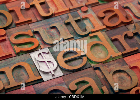 Metall Dollarzeichen unter Vintage Holz Buchdruck Druckstöcken - Finanzkonzept Stockfoto