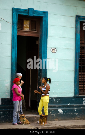 Frauen im Chat vor der Haustür ein Haus Havanna Vieja Kuba Stockfoto
