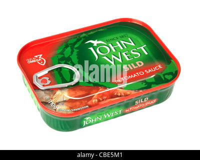 Branded Packaging von John West Sild Fisch in Tomatensauce Isoliert gegen einen weißen Hintergrund mit keine Menschen und einen Freistellungspfad Stockfoto