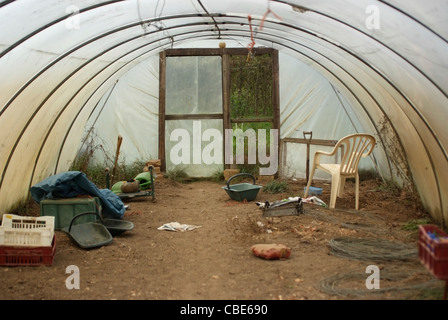 Stillgelegten Poly-Tunnel auf einem Suffolk-Bio-Bauernhof, der Tunnel enthält eine Szene von Werkzeugen, Geräten & Schmutz. Stockfoto