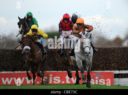 Rennpferde und Jockeys in Aktion über einen Sprung in ein Pferderennen Stockfoto